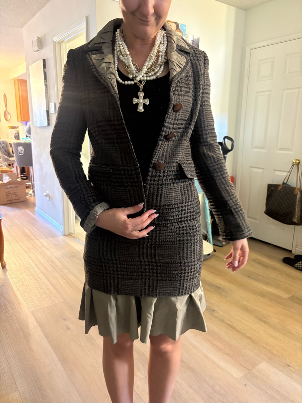 Moschino Black Textured Plaid Longline Blazer and skirt with Contrast Lining